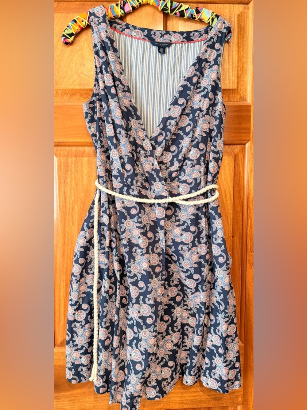 Tommy Hilfiger Navy Striped Shirt with Paisley Trim Cotton Wrap Dress Large